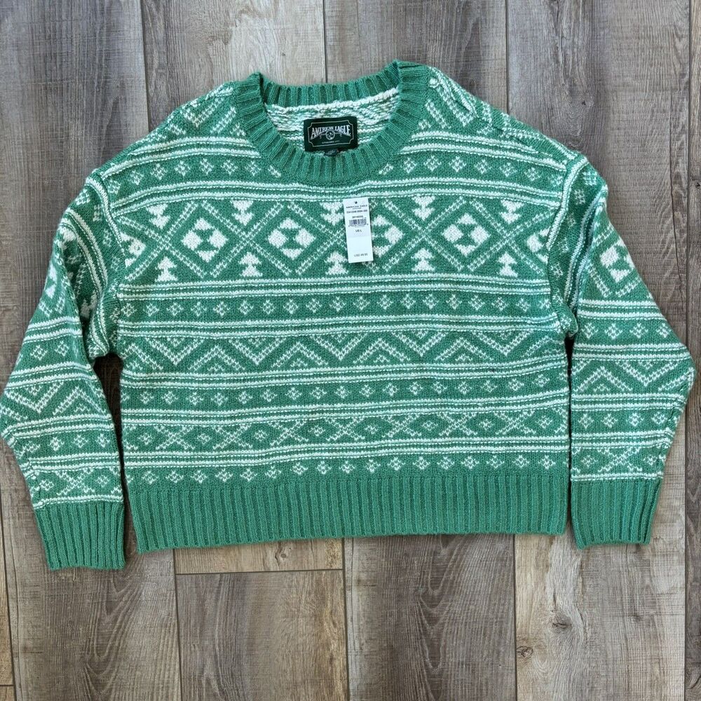 American Eagle Womens Green Fair Isle Crewneck Sweater Size L St. Patrick NWT
